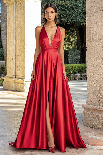 A Line Spaghetti Straps Red Plus Long Prom Dress with Slit